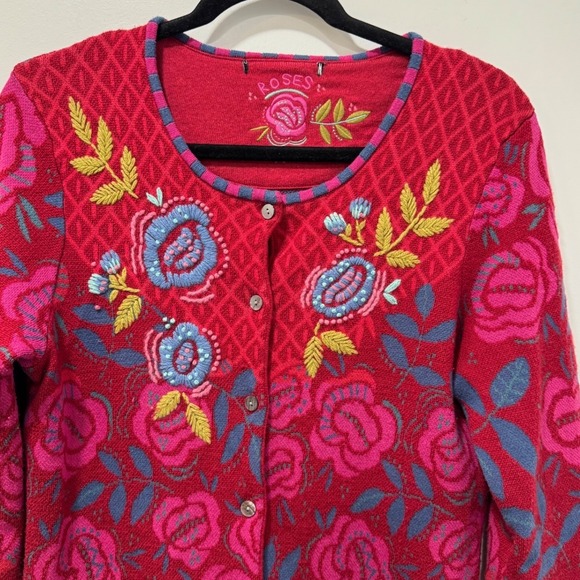 Gudrun Sjoden Roses Embroidered Button Front Cardigan Red Pink Floral‎ SM/Medium - Picture 3 of 12